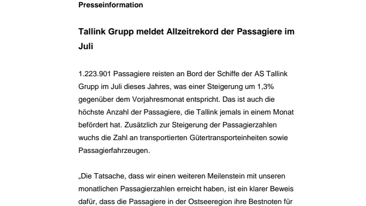 Tallink Grupp meldet Allzeitrekord der Passagiere im Juli 