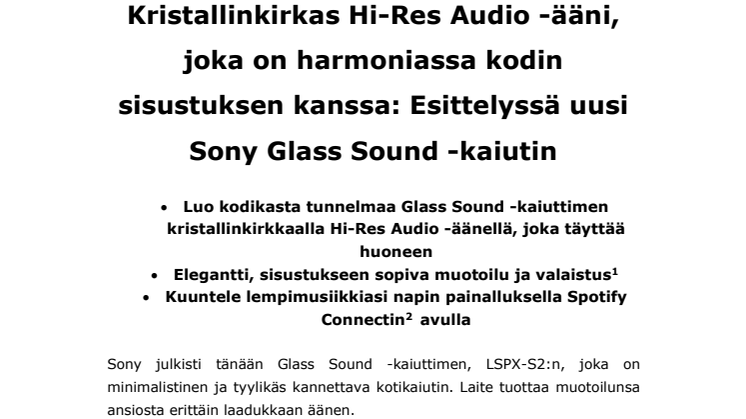 Kristallinkirkas Hi-Res Audio -ääni, joka on harmoniassa kodin sisustuksen kanssa: Esittelyssä uusi Sony Glass Sound -kaiutin
