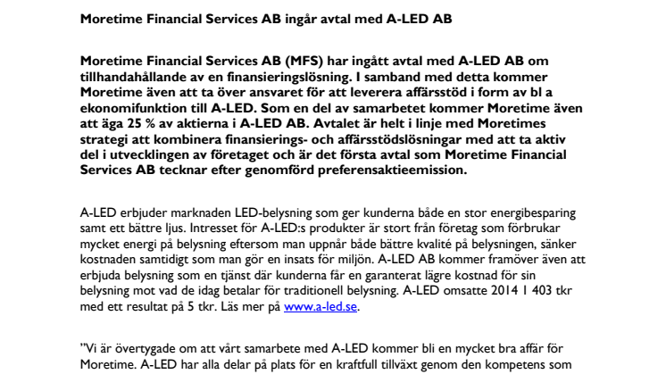 Moretime Financial Services AB ingår avtal med A-LED AB