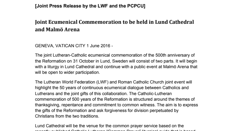 Joint Ecumenical Commemoration to be held in Lund Cathedral and Malmö Arena