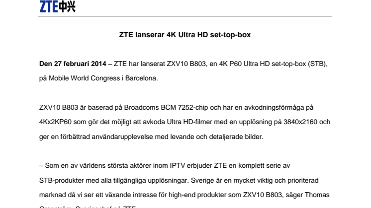 ZTE lanserar 4K Ultra HD set-top-box 