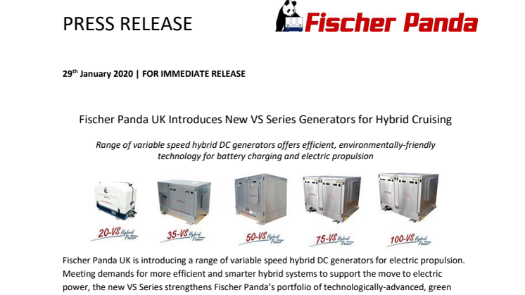 Fischer Panda UK Introduces New VS Series Generators for Hybrid Cruising