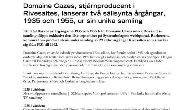 Domaine Cazes, stjärnproducent i Rivesaltes, lanserar två sällsynta årgångar, 1935 och 1955, ur sin unika samling