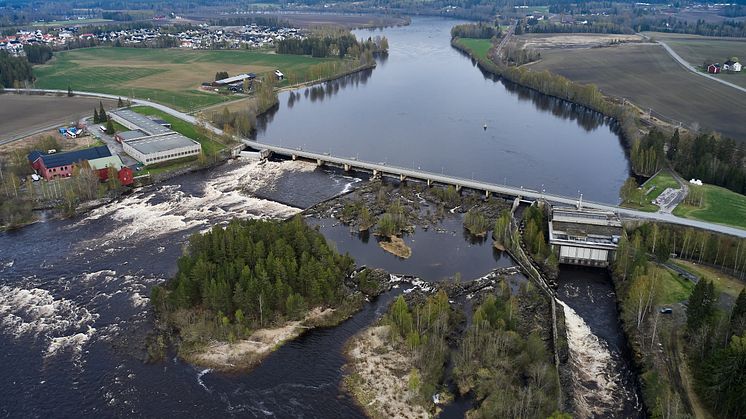 Fisk kan vandre ned forbi Funnefoss gjennom flomluker eller kraftverksturbinene. Funnefoss kraftverk sees til høyre i bildet..jpg