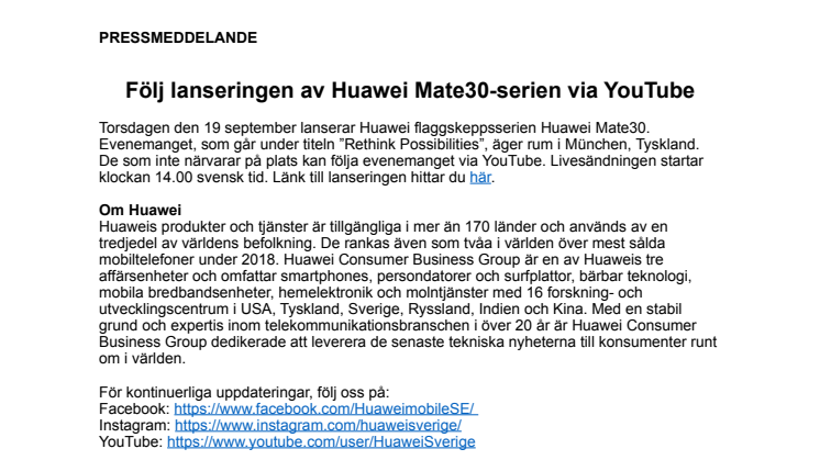 Följ lanseringen av Huawei Mate30-serien via YouTube 