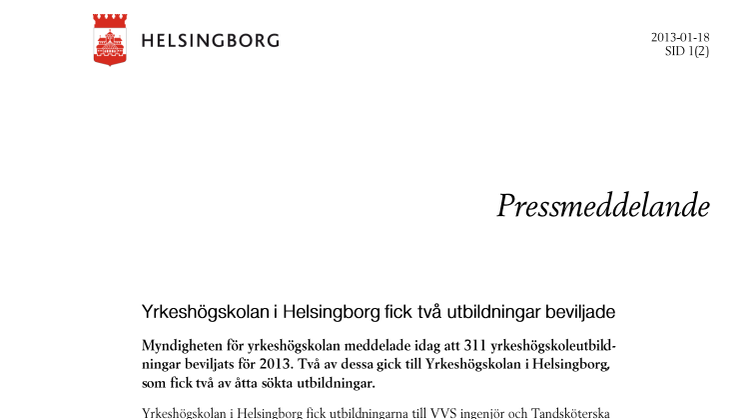 Yrkeshögskolan i Helsingborg fick två utbildningar beviljade