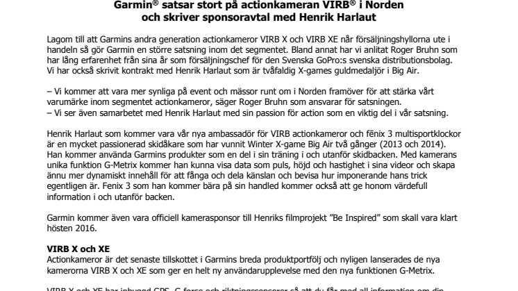 Garmin® satsar stort på actionkameran VIRB® i Norden och skriver sponsoravtal med Henrik Harlaut