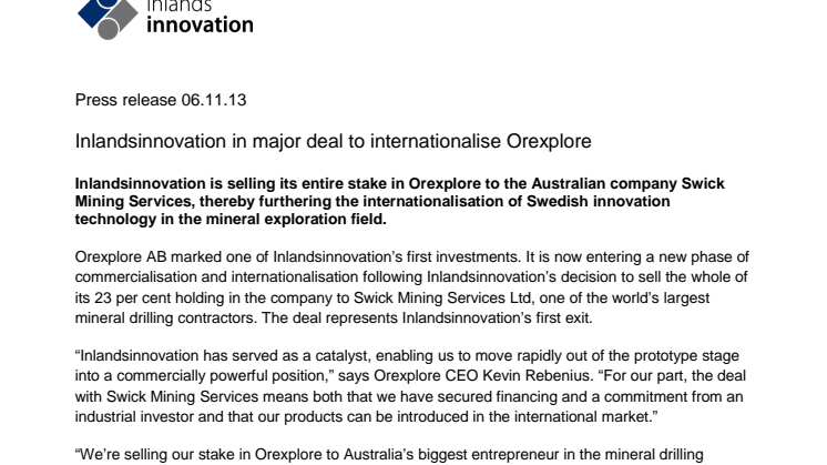 Inlandsinnovation in major deal to internationalise Orexplore