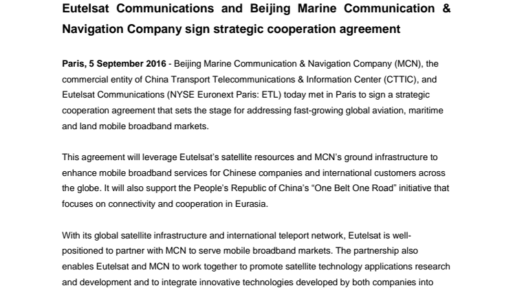 Eutelsat Communications and Beijing Marine Communication & Navigation Company sign strategic cooperation agreement 