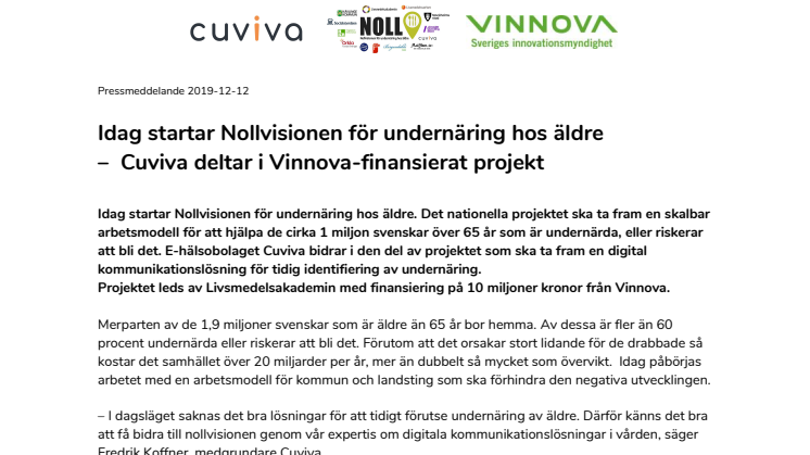 Idag startar Nollvisionen för undernäring hos äldre –  Cuviva deltar i Vinnova-finansierat projekt