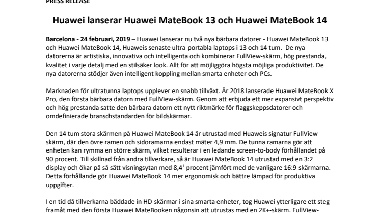 Huawei lanserar Huawei MateBook 13 och Huawei MateBook 14