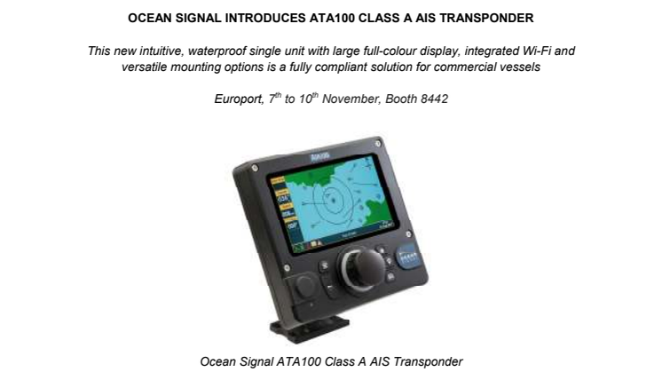 Ocean Signal Introduces ATA100 Class A AIS Transponder at Europort