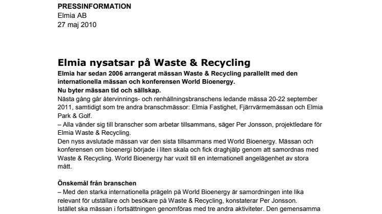 Elmia nysatsar på Waste & Recycling