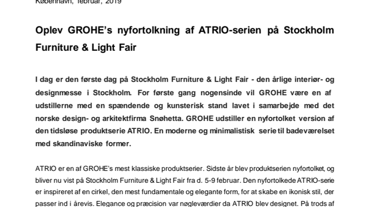 Oplev GROHE’s nyfortolkning af ATRIO-serien på Stockholm Furniture & Light Fair
