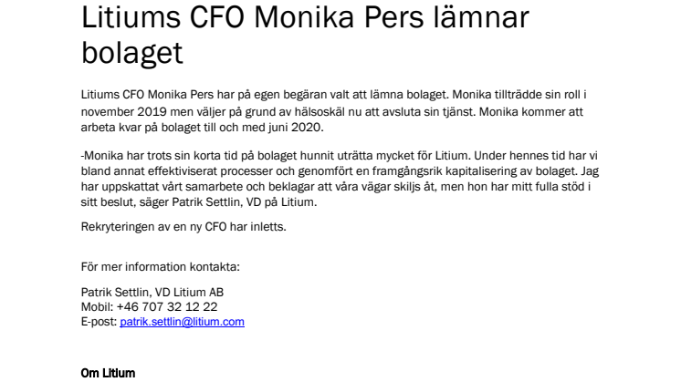 Litiums CFO Monika Pers lämnar bolaget