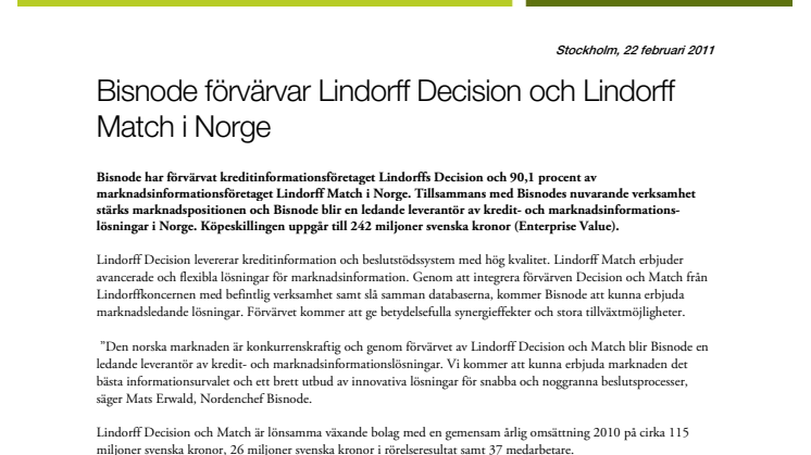 Bisnode förvärvar Lindorff Decision och Lindorff Match i Norge