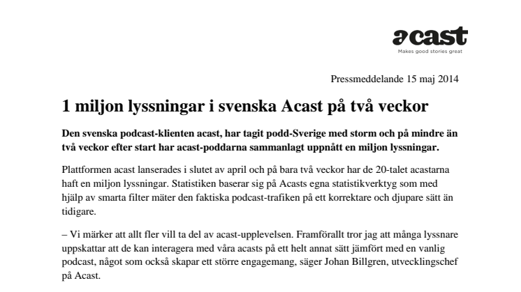 1 miljon lyssningar i svenska Acast på två veckor