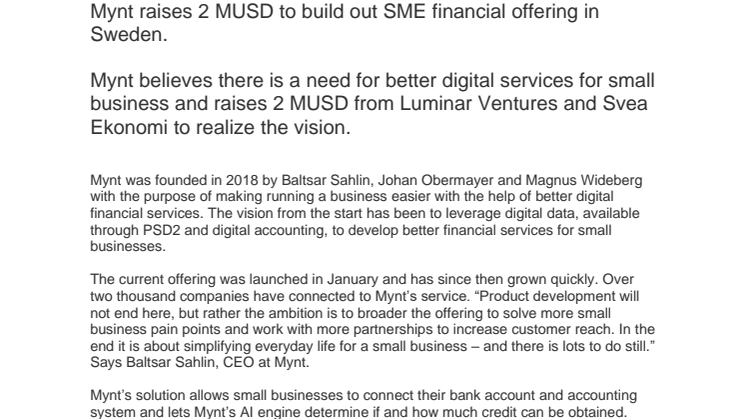 Mynt raises 2 MUSD to build out SME financial offering in Sweden.