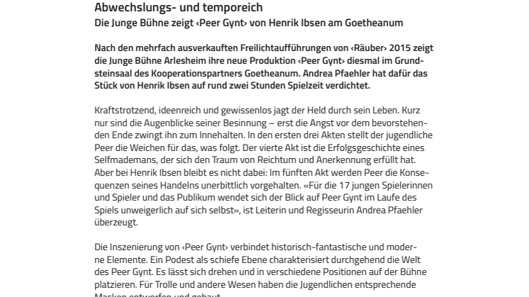 VORSCHAU Abwechslungs- und temporeich –  Die Junge Bühne zeigt ‹Peer Gynt› von Henrik Ibsen am Goetheanum