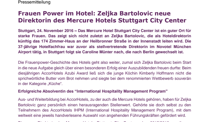 Frauen Power im Hotel: Zeljka Bartolovic neue Direktorin des Mercure Hotels Stuttgart City Center