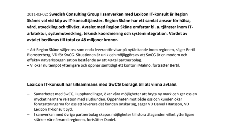 Region Skåne väljer Swedish Consulting Group i samverkan med Lexicon IT-konsult som IT-leverantör.