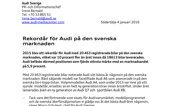 Rekordår för Audi på den svenska marknaden