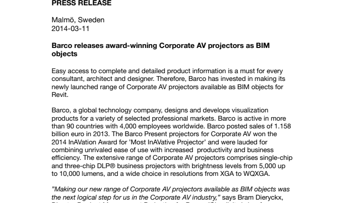 Barco releases award-winning Corporate AV projectors as BIM objects