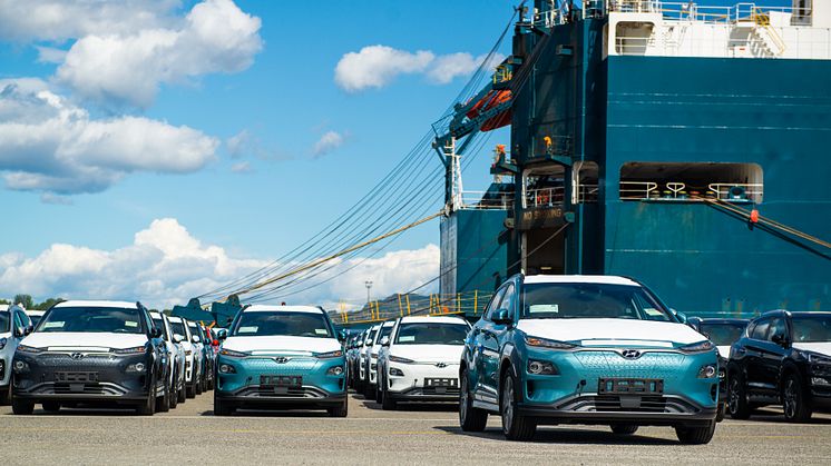 De første KONA electric på Drammen Havn. Foto: Hyundai Motor Norway