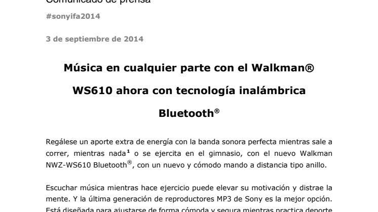 Música en cualquier parte con el Walkman® WS610 ahora con tecnología inalámbrica Bluetooth®