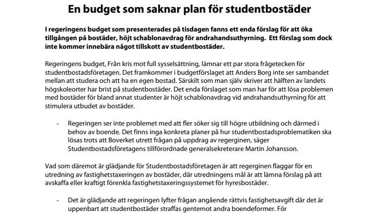 En budget som saknar plan för studentbostäder