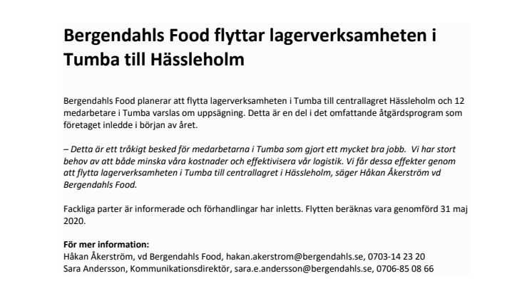 Bergendahls Food flyttar lagerverksamheten i Tumba till Hässleholm