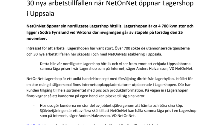 30 nya arbetstillfällen när NetOnNet öppnar Lagershop i Uppsala