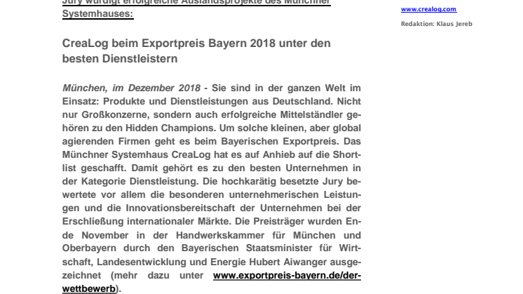 Jury würdigt erfolgreiche Auslandsprojekte des Münchner Systemhauses:  CreaLog beim Exportpreis Bayern 2018 unter den  besten Dienstleistern