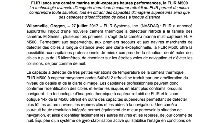 FLIR: FLIR lance une caméra marine multi-capteurs hautes performances, la FLIR M500