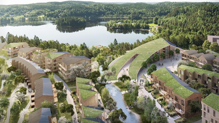 Trästaden Wendelstrand med cirka 1000 bostäder som Next Step Group ska utveckla vid Landvettersjön utanför Mölnlycke.