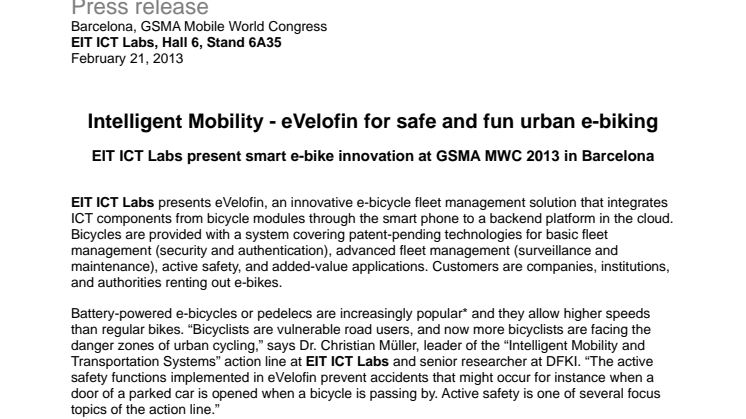 Intelligent Mobility: eVelofin for safe and fun urban e-biking