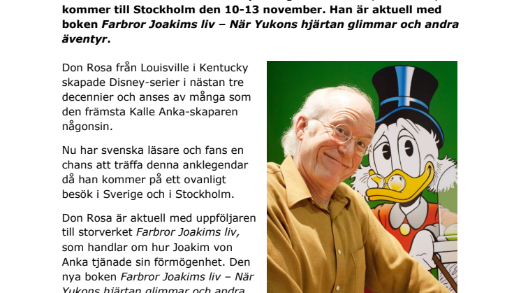 Den legendariska Disney-skaparen Don Rosa kommer till Stockholm 