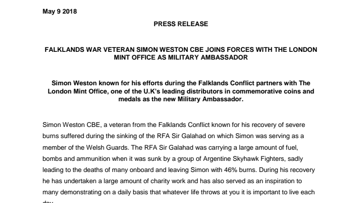 FALKLANDS WAR VETERAN SIMON WESTON CBE JOINS FORCES WITH THE LONDON MINT OFFICE AS MILITARY AMBASSADOR