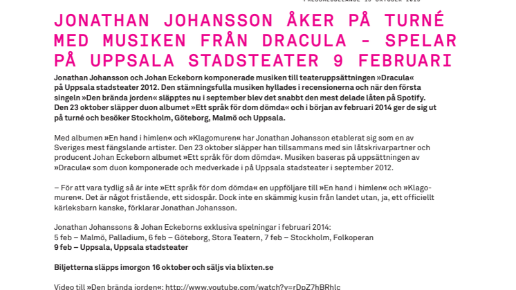 JONATHAN JOHANSSON ÅKER PÅ TURNÉ MED MUSIKEN FRÅN DRACULA - SPELAR PÅ UPPSALA STADSTEATER 9 FEBRUARI