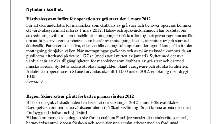 Pressinformation Hälso- och sjukvårdsnämnden