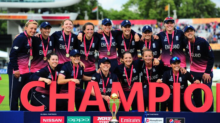 The England women's team with the ICC Women's World Cup in July.