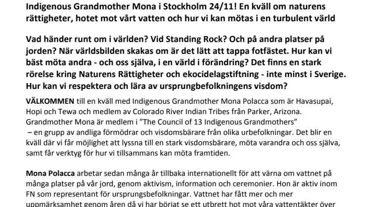 Indigenous Grandmother Mona i Stockholm 24/11! En kväll om naturens rättigheter, hotet mot vårt vatten och hur vi kan mötas i en turbulent värld