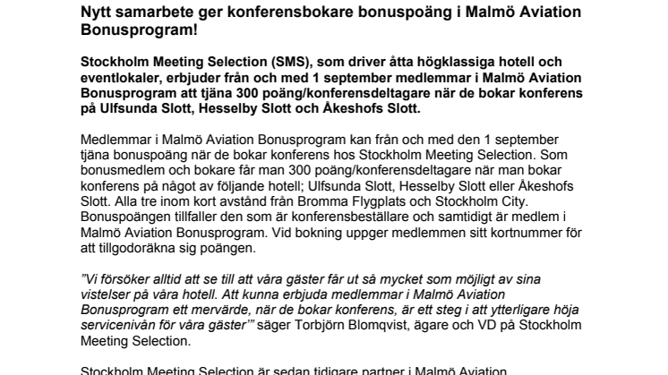 Nytt samarbete ger konferensbokare bonuspoäng i Malmö Aviation Bonusprogram!