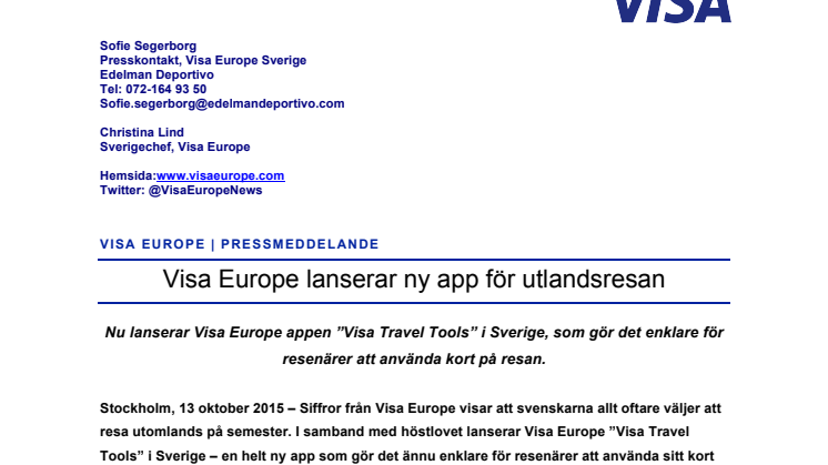 Visa Europe lanserar ny app för utlandsresan