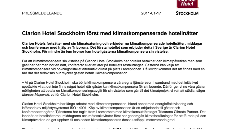 Clarion Hotel Stockholm först med klimatkompenserade hotellnätter