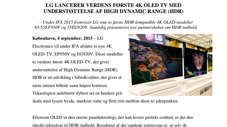 LG LANCERER VERDENS FØRSTE 4K OLED TV MED UNDERSTØTTELSE AF HIGH DYNAMIC RANGE (HDR)