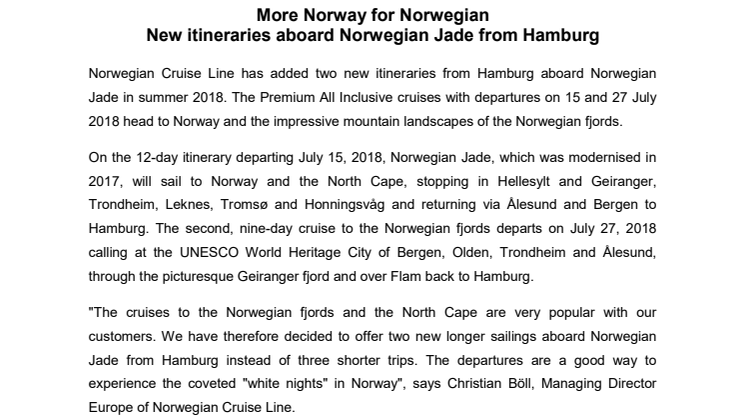 More Norway for Norwegian - New itineraries aboard Norwegian Jade from Hamburg