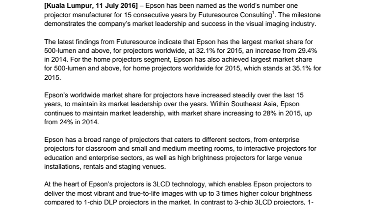 News Release: Epson named world’s number one projector manufacturer 