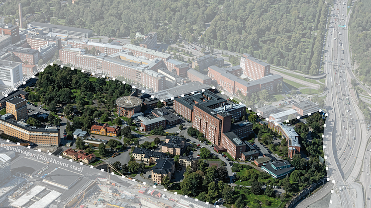 Bilden visar ett flygfoto över Solna sjukhusområde. Markeringen visar planområdet i Detaljplan 1.