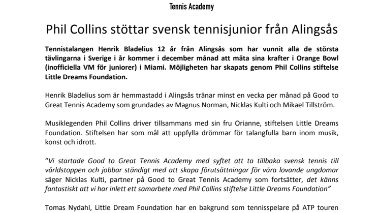 Phil Collins stöttar svensk tennisjunior från Alingsås